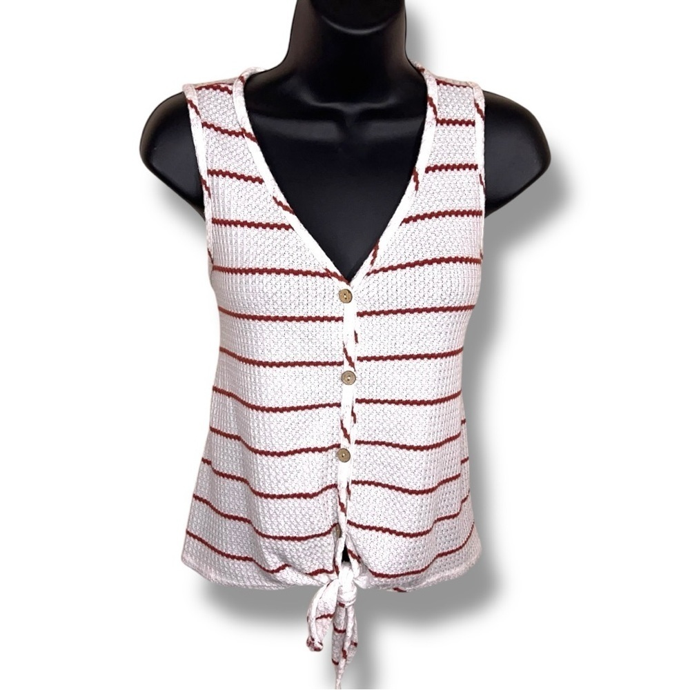 Small Paper Crane White Burgundy Ted Striped Waffle Knit Tank Sleeveless Crop